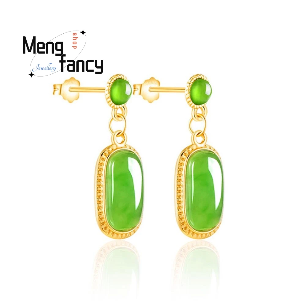 

Genuine Spinach Green Natural Old Material And Field Jade Jasper Earrings Female Models S925 Silver Inlaid Jade Earrings