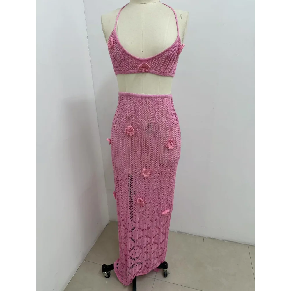 Crochet creux fleur plage vacances groupe fendu demi corps fleur Bikini couverture ensemble deux pièces ensembles femmes tenues