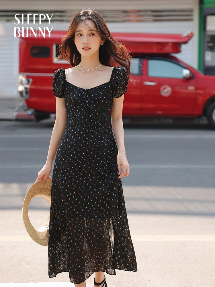 

Floral Ruched Tea Dress for Women Summer French Style Puff Sleeve Split Long Dress Petite Slim Fit A-Line Vacation Casual Outfit