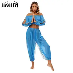 Womens Oriental Belly Dance Outfit Performance Costume Split Long Sleeve Off Shoulder Crop Top with Sequined Dots Chiffon Pants