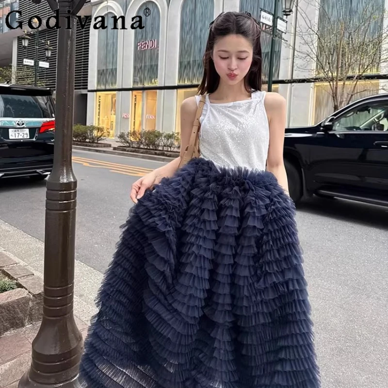 

Spring and Summer Women's Long Skirt Japanese Kawaii Girl's Elastic Waist Mesh Tutu Skirt Ladies Heavy Industry High-end Skirt