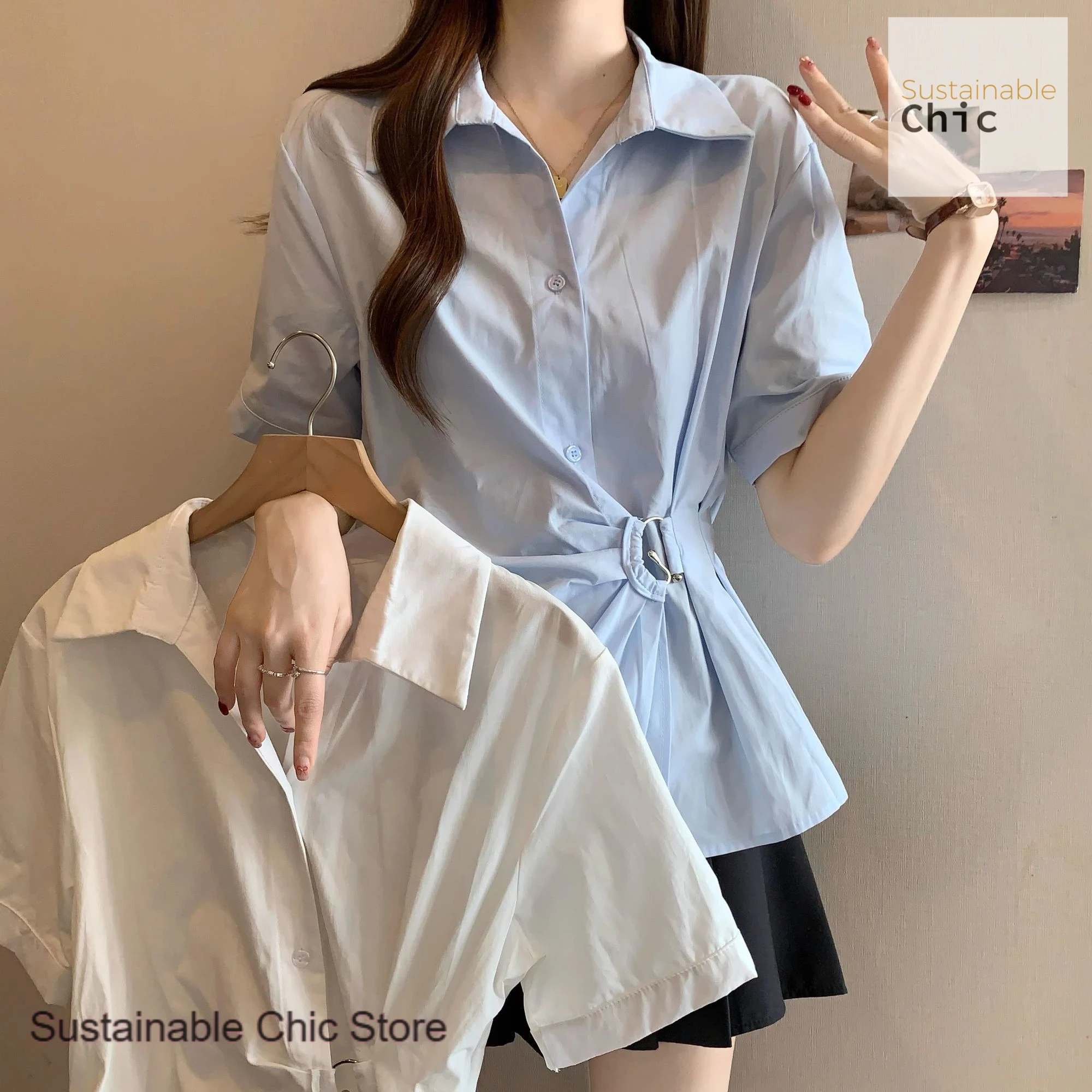 

French waist lapel irregular shirt women's spring and summer new fashion temperament design Joker slim short-sleeved shirt