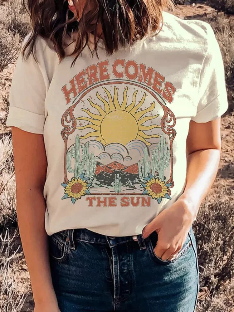 Here Comes the Sun Graphic Tops Summer Fashion Women T Shirt Cotton Retro Hippie Tees Boho Vintage Aesthetic Clothes Grunge