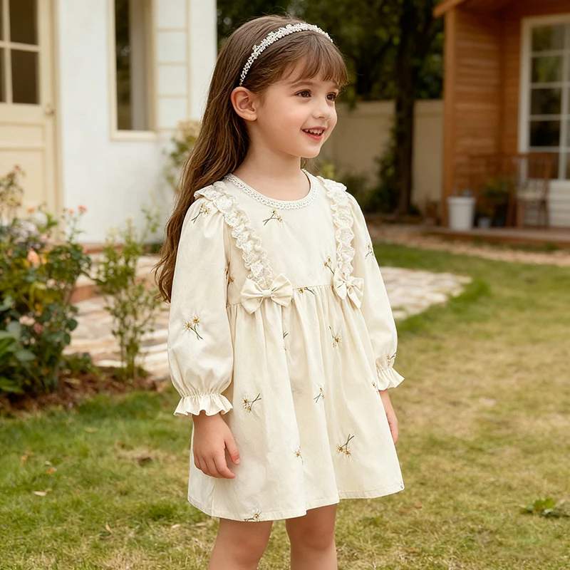 2023 neue Herbst Baby Mädchen Kleid Mädchen Party Kleid Kind Prinzessin Bogen Stickerei Kleider 2-6Y Lange Ärmeln Baumwolle Druck Schwester kleid