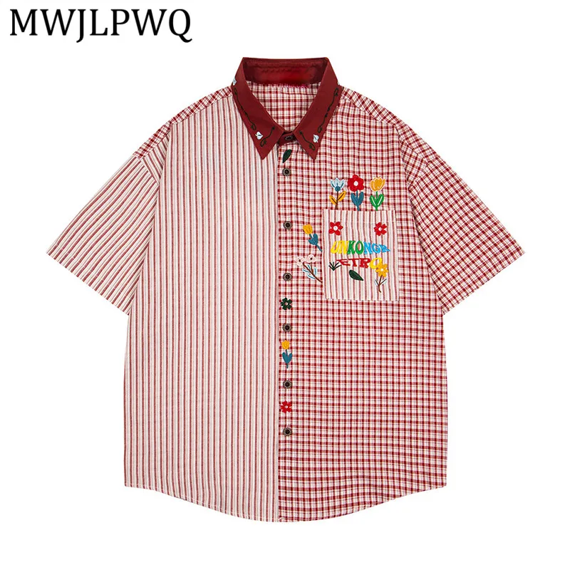 

MWJLPWQ Stylish Unique Vertical Striped Plaid Short-Sleeve Shirt Men American Hip-Hop Casual Loose Floral Embroidered Tops 13643