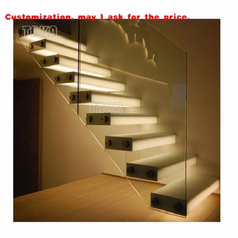 

custom.Modern Hotel Building Glass LED Staircase Design Wood Floating Stairs Straight Wooden Stair