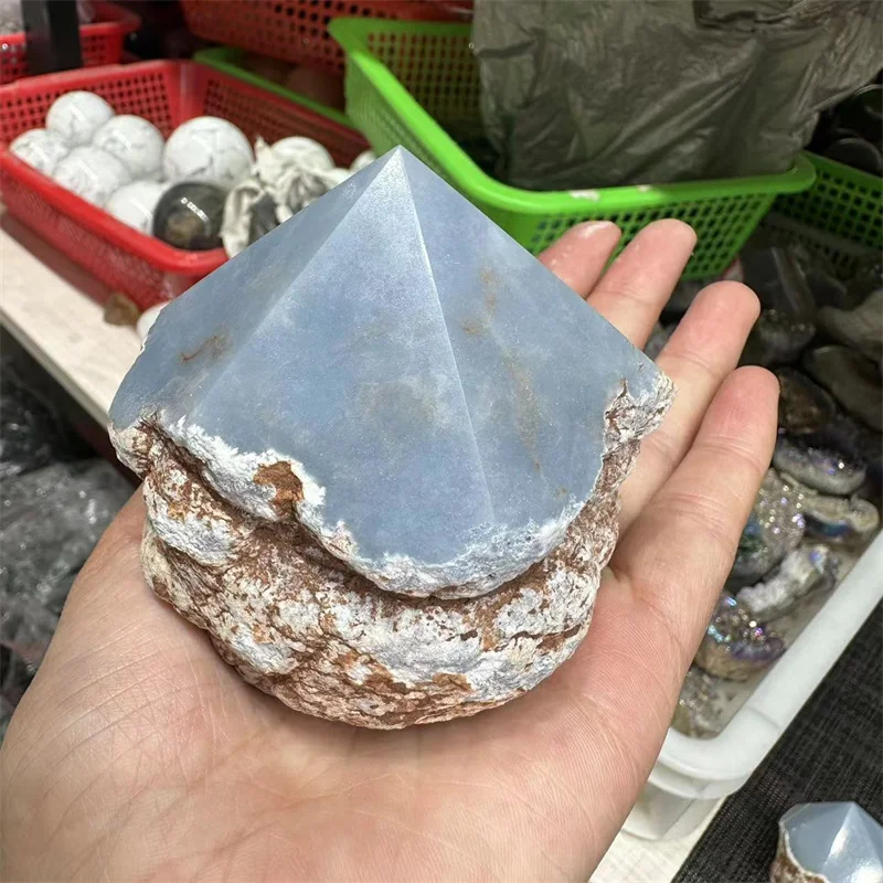 Angelite Stone 석영 크리스탈 광택 러프 타워 포인트 천연 원석, 치유 레이키 장식 공예