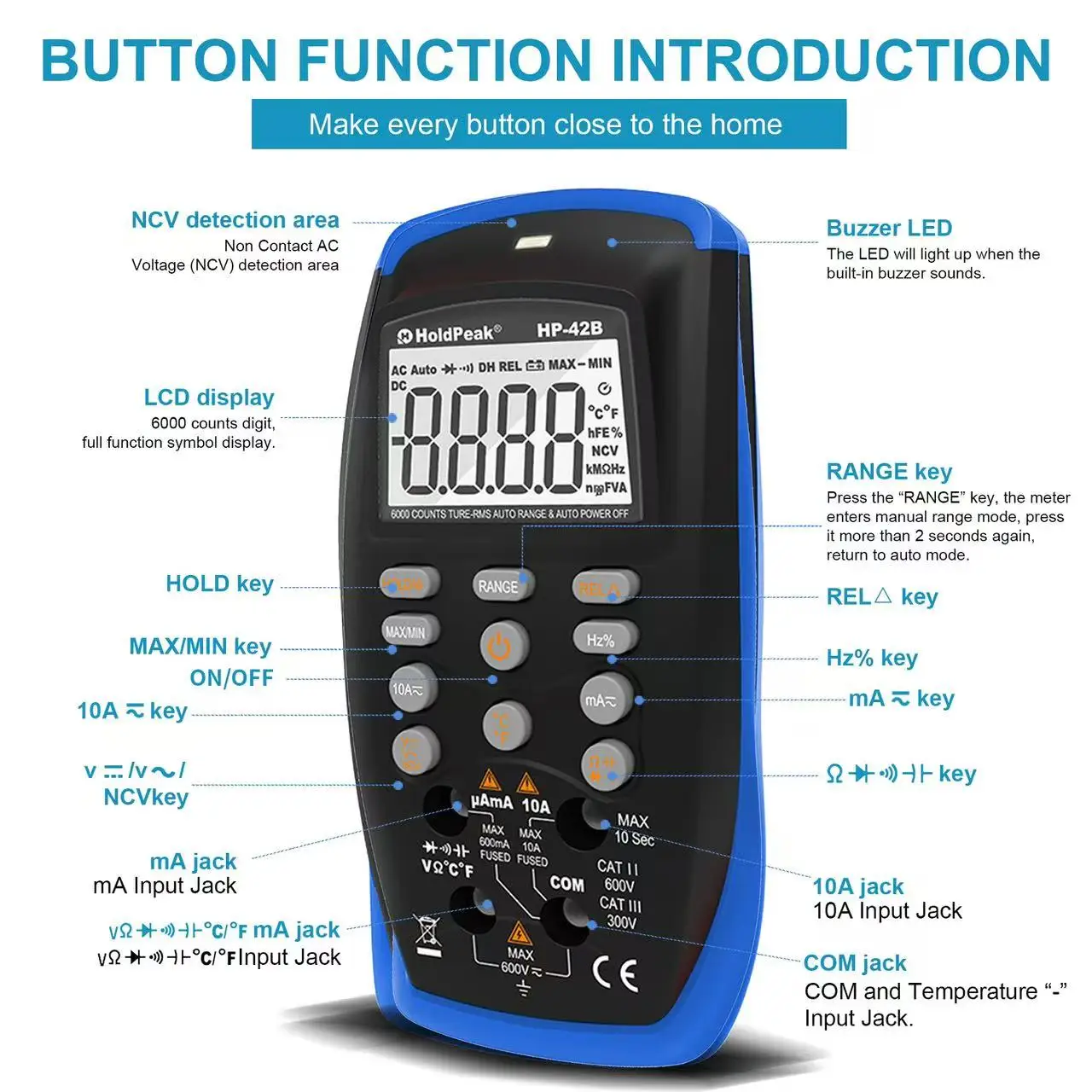 6000 Counts True RMS Digital Multimeter Keys Type AC DC Voltage Current Ohm Capacitance Frequency Duty Cycle NCV Temp Tester