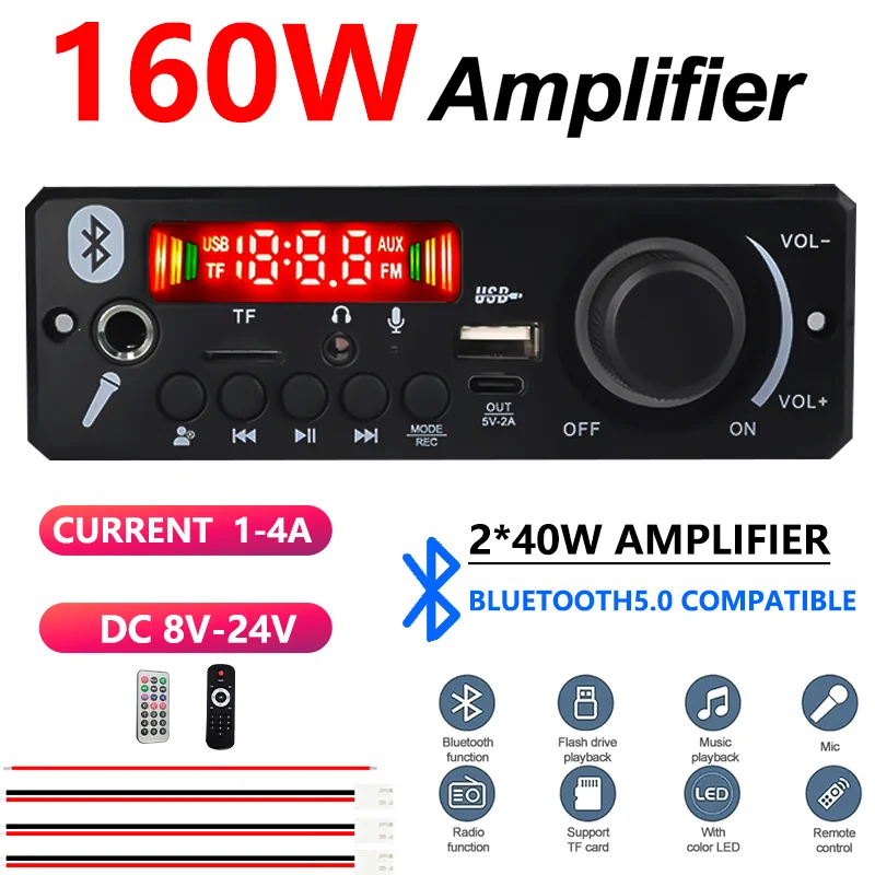 ARuiMei 160W Car Amplifier Bluetooth 5.0 2*40W Stereo MP3 Player FM Radio USB TF AUX Mic DC 8V-24V with Remote