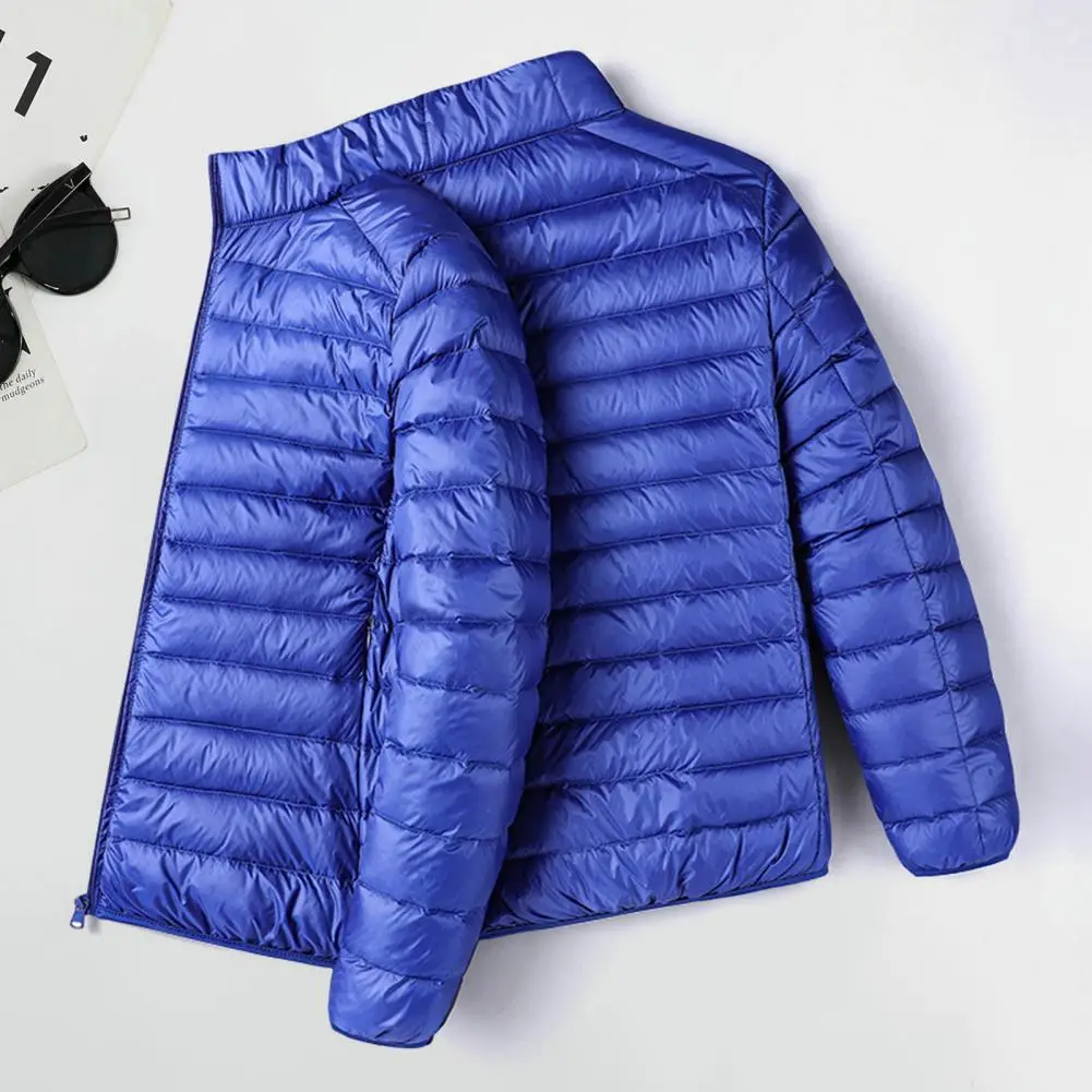 Solid Color Quilted Coat Men's Quilted Cotton Jacket with Stand Collar Zipper Placket Down Coat with Pockets for Winter Warmth