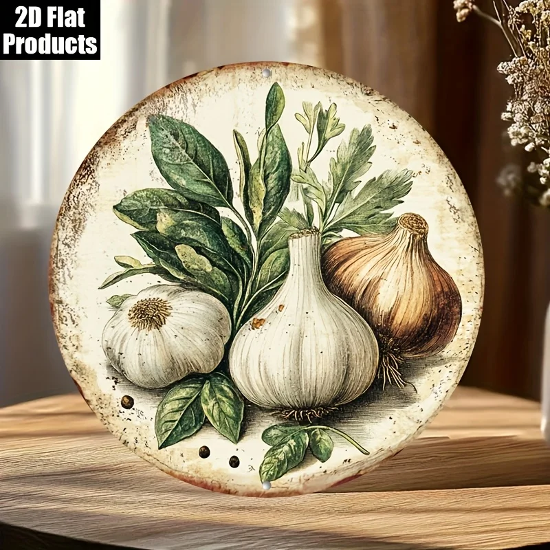 1pc Vintage Garlic Plant Round Metal Sign - Rustic Farmhouse Kitchen Wall Art, Aluminum Cooking Decor for Chefs & Home