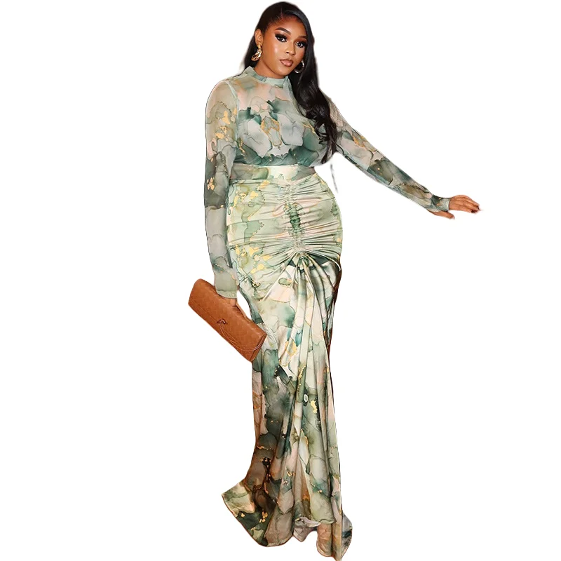 

Women's Turtleneck Long Sleeve Tops & Pleated Waistband Long Skirt, 2pcs Set