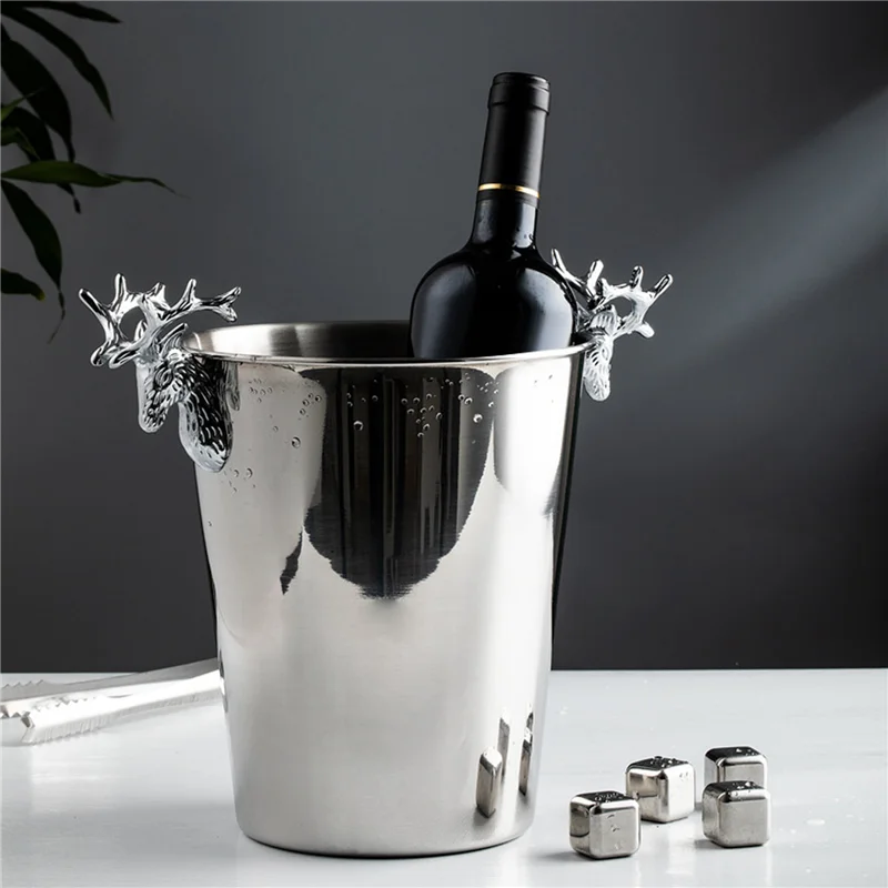 AT13 2X Stainless Steel Ice Buckets,Deer Head Handle,Insulated Ice Bucket,Wine Buckets Champagne Bucket For Paties And Bar(S)