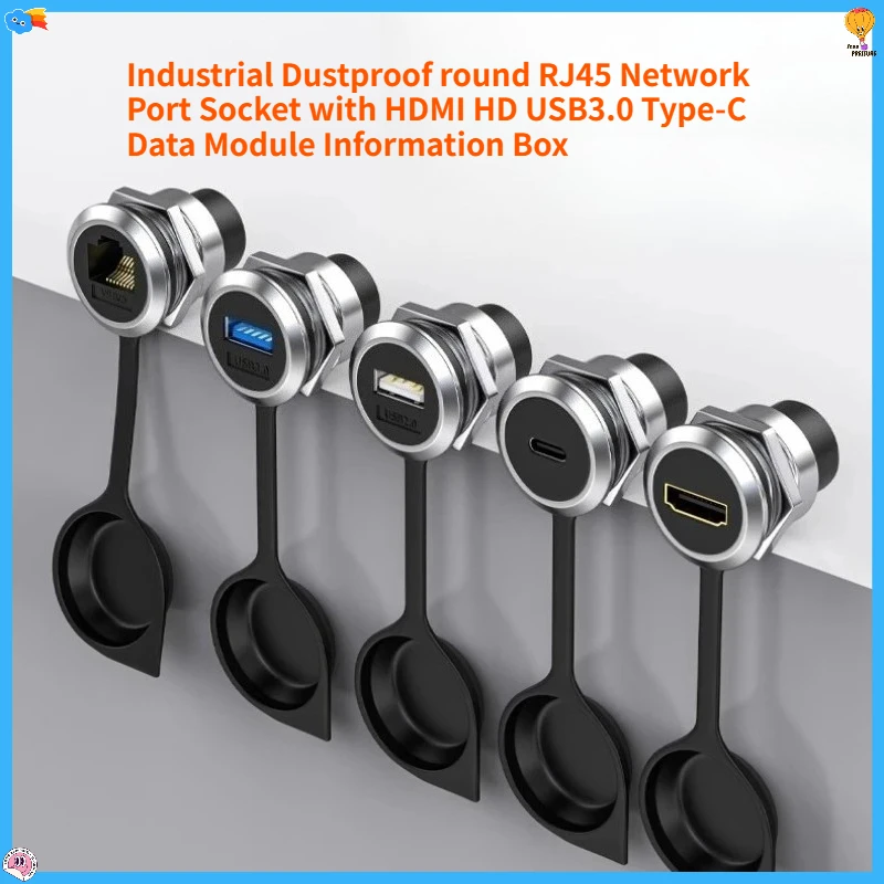 Industrial Dustproof Round RJ45 Network Port Socket with HDMI HD USB3.0 Type-C Data Module Information Box Through-Plate Cable
