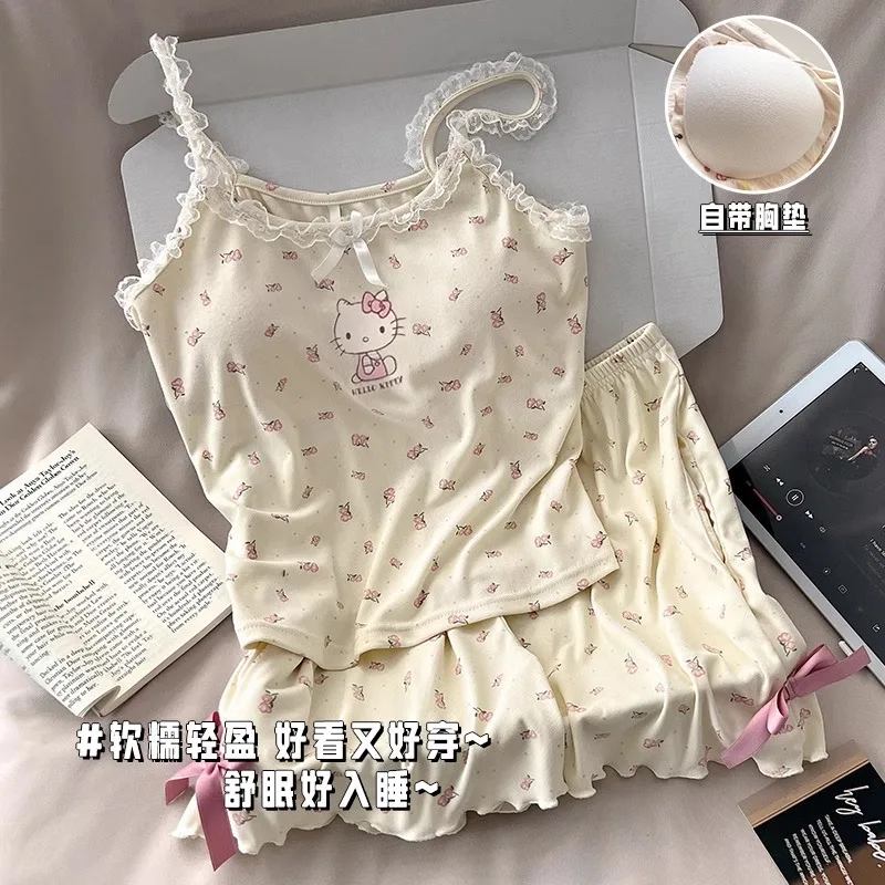 

Hello Kitty suspender pajamas new summer sleeveless shorts two-piece set with chest pad cartoon Hello Kitty women's loungewear