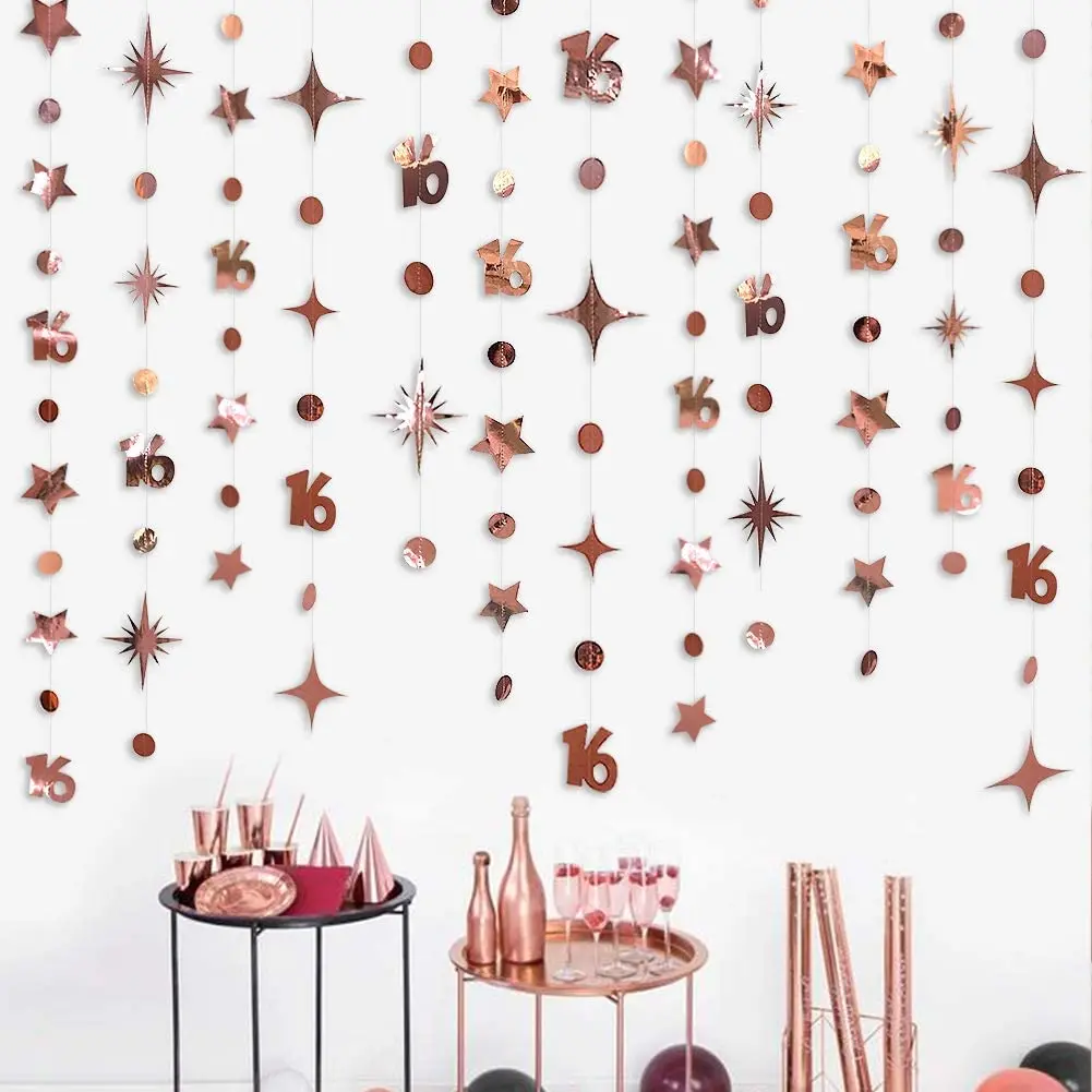 Schillernden Anzahl 16 Papier Sterne Dot Girlande Hängen Bunting für Süße Rose Gold 16th Glücklich 16st Geburtstag Jahrestag Party Decor – Detail 14