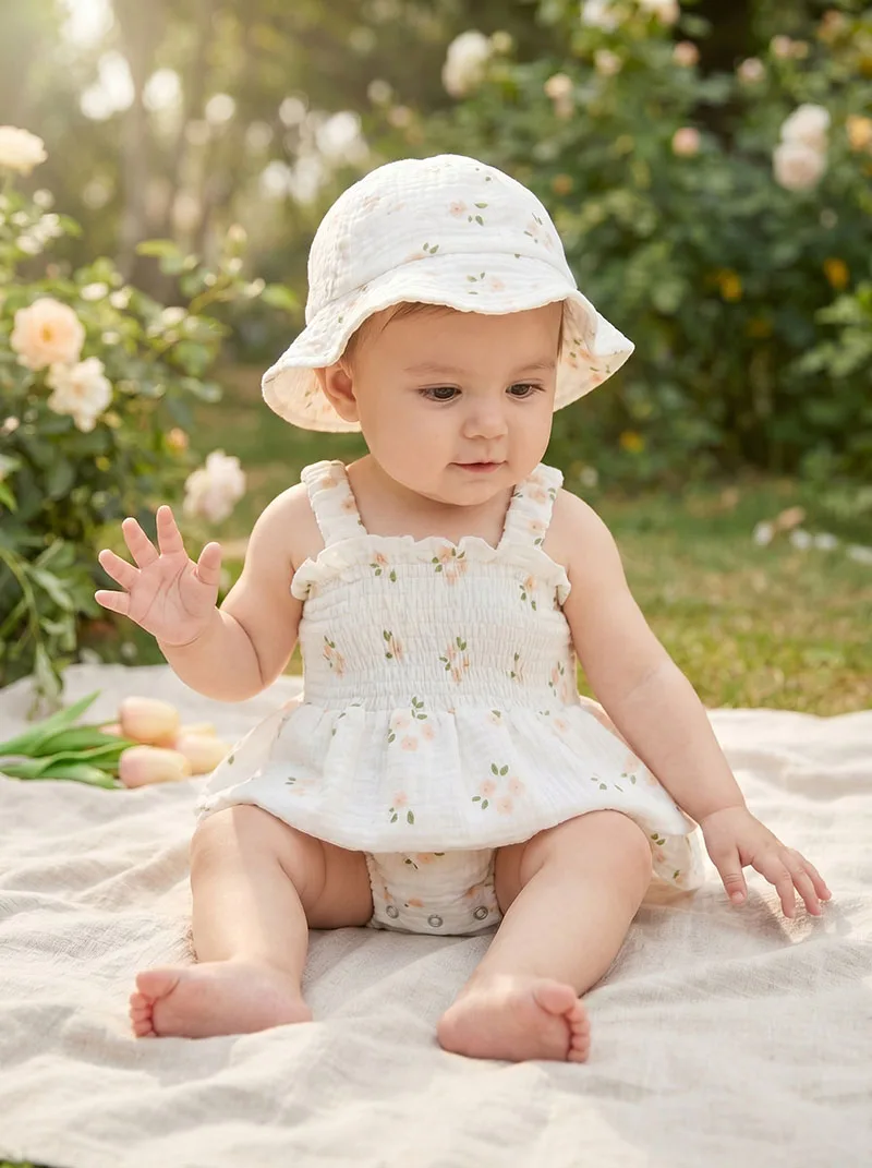 

Baby Summer Bodysuit 3-18M Cute Flower Thin Infant Straps Jumpsuit +Hat Ventilate Toddler One Piece Girls Floral Clothes
