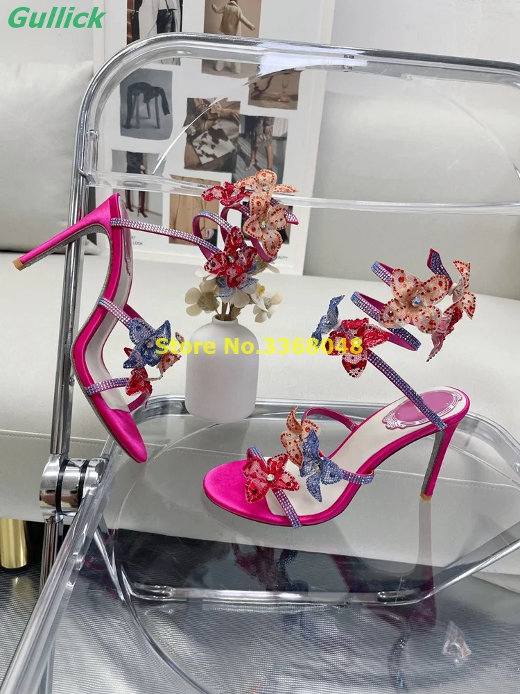 

Rosy Lace Flower Sandals Stiletto High Heel Open Toe Crystal Iron Wire Winding Real Picture Top Quality Beautiful Women Shoes