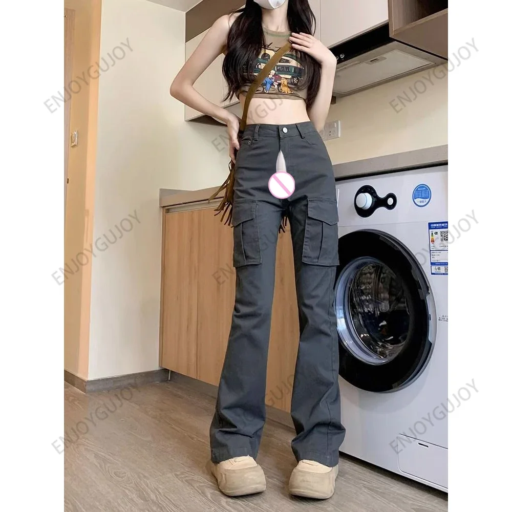 

Vintage Horseshoe Pant,Women's Casual Cargo Pants,Jeans High Waist,Autumn,Invisible Open Crotch Outdoor Sex Trend Bell-bottoms