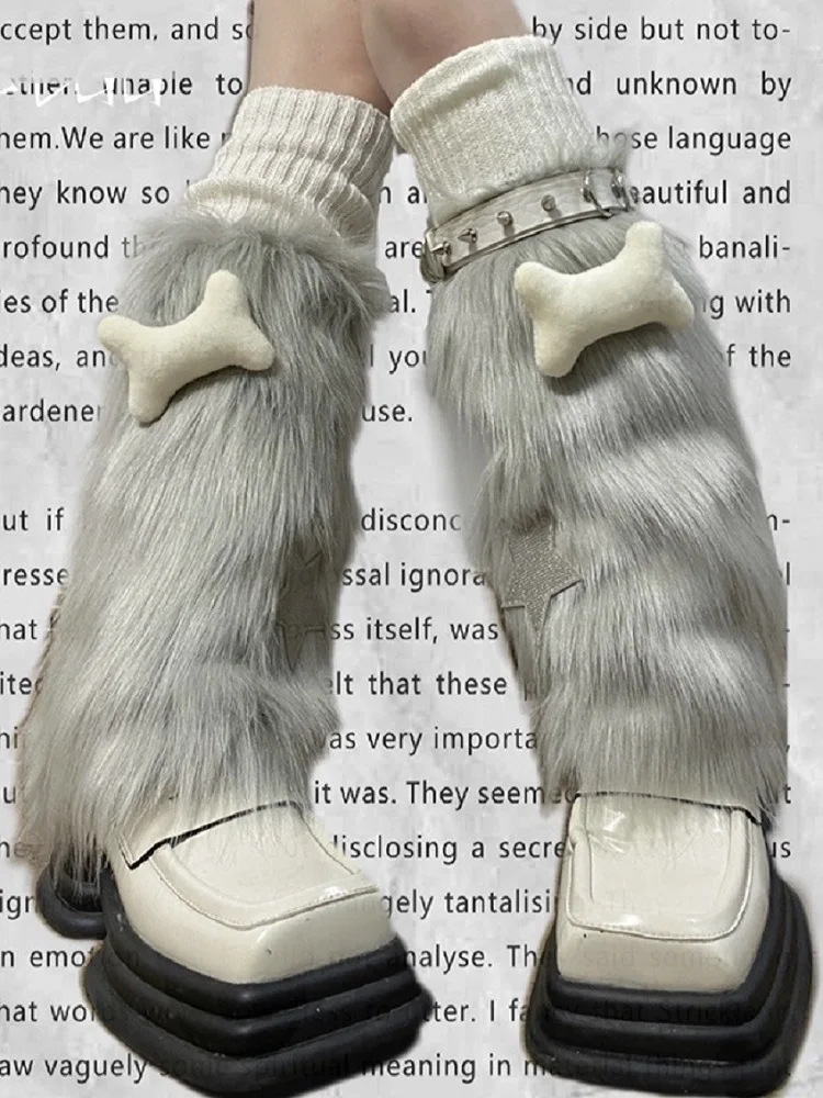 Mikumn Harajuku Fashion Silver Grey Star Bone Furry Leg Warmers Socks Women Winter Streetwear Boot Cover