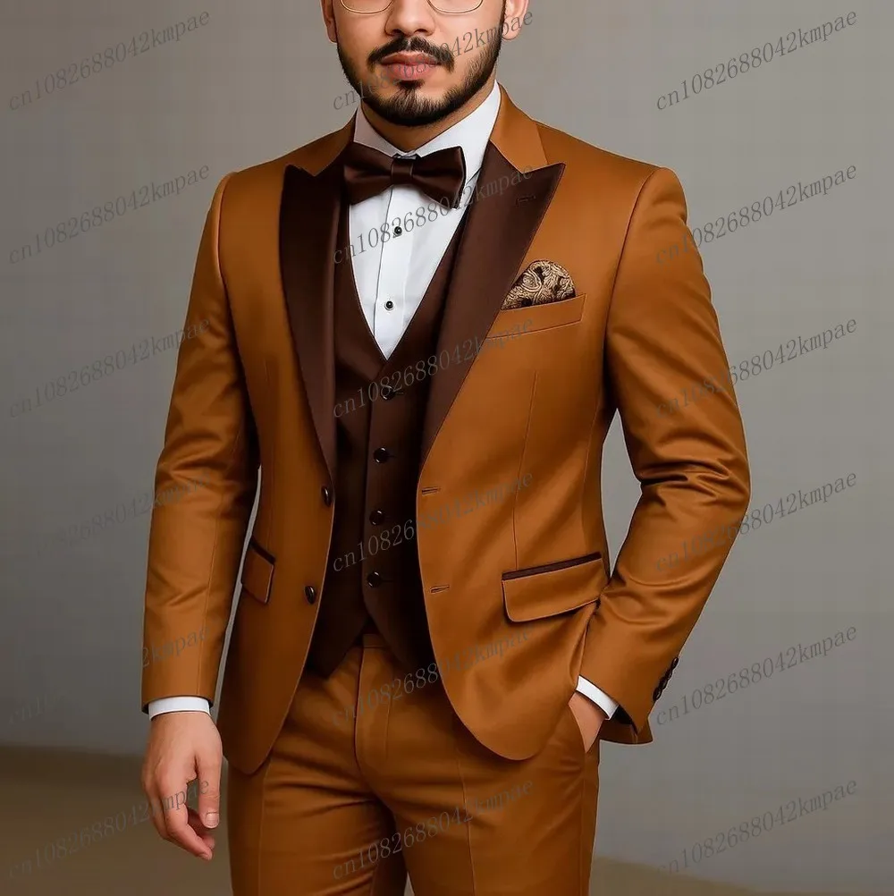 

Новый коричневый и темно-коричневый деловой мужской костюм для жениха, жениха, свадебной вечеринки, выпускного вечера, деловые мужские смокинги, комплект из 3 предметов, пиджак, жилет, брюки