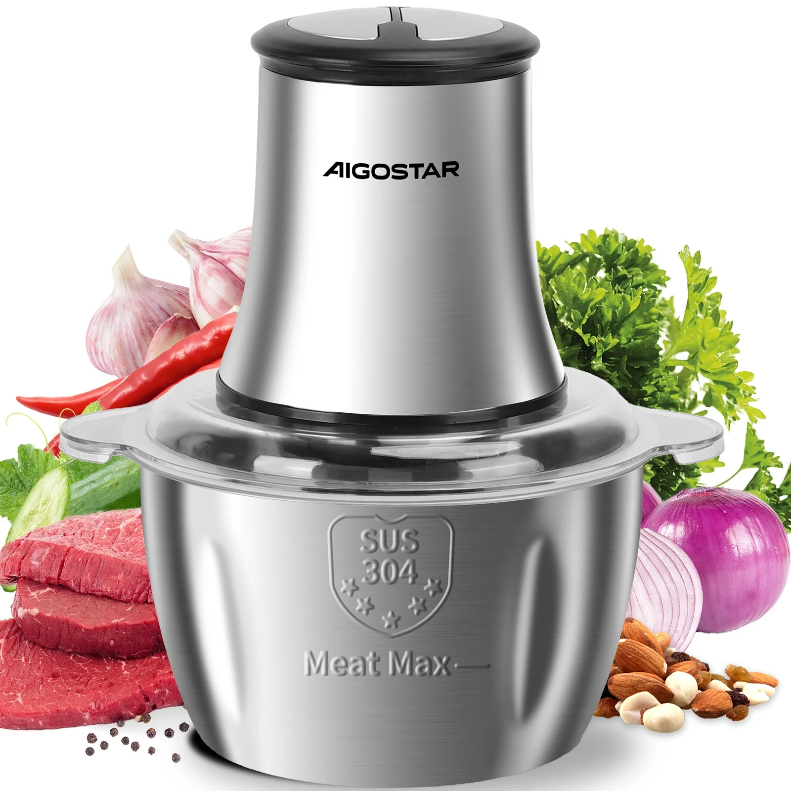 Aigostar Zerkleinerer küche elektrisch, 500W, Zerkleinerer mit 1.8L Edelstahl-Schüssel, 2 Geschwindigkeiten, 4 Edelstahlklingen, Multizerkleinerer für Fleisch, Gemüse, Zwiebeln, Obst, Knoblauch