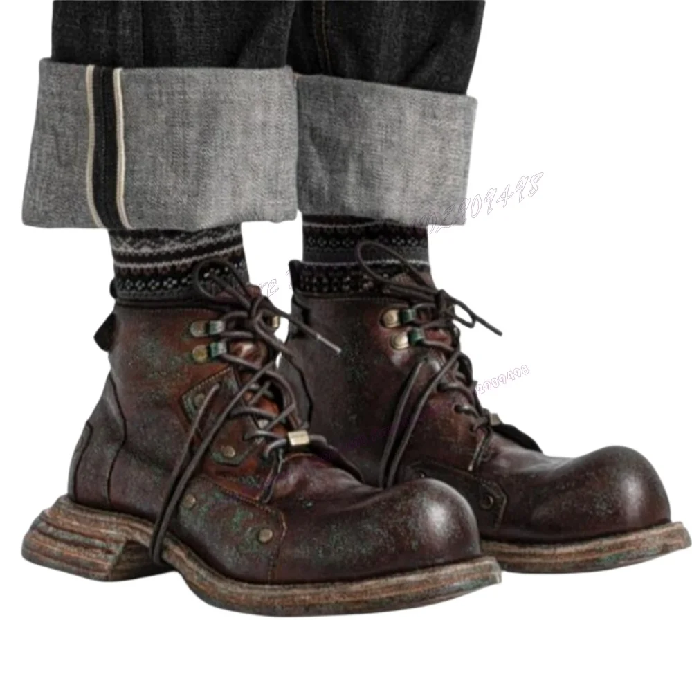 Botines Vintage de punta redonda Para hombre, Zapatos de tacón grueso con cordones, estilo británico, Para motocicleta, talla grande