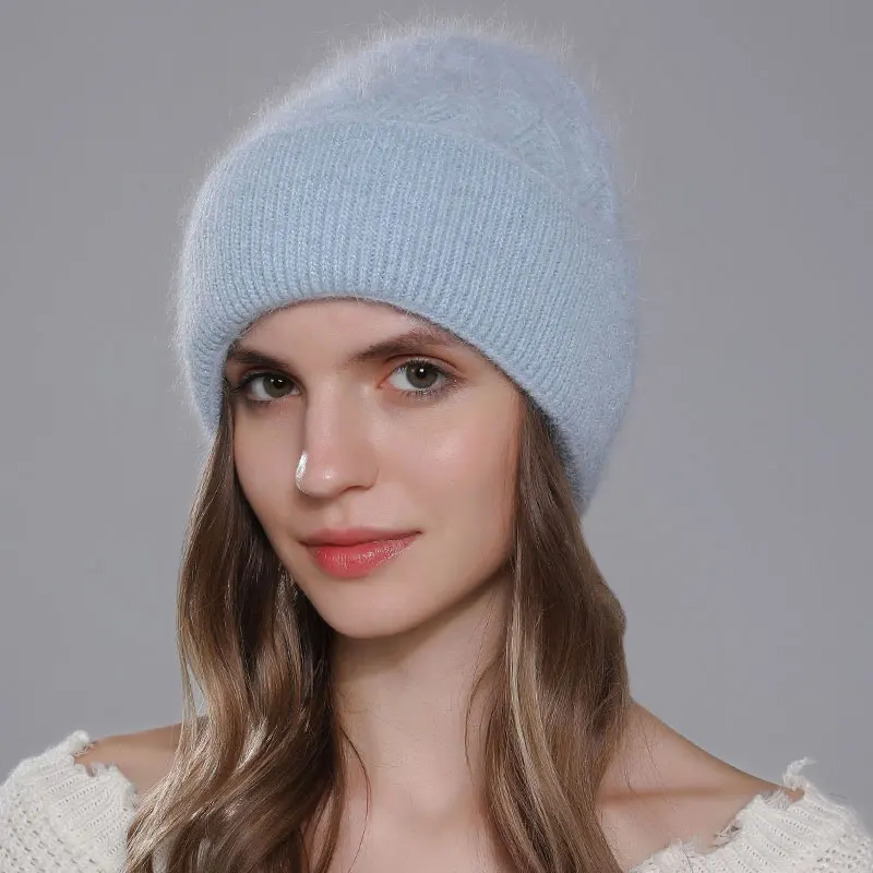 CNTANG Hats For Women Fashion Twist Style Angora Rabbit Fur Beanie Winter Warm knitted Cashmere Hat Ladies Casual Skullies Cap