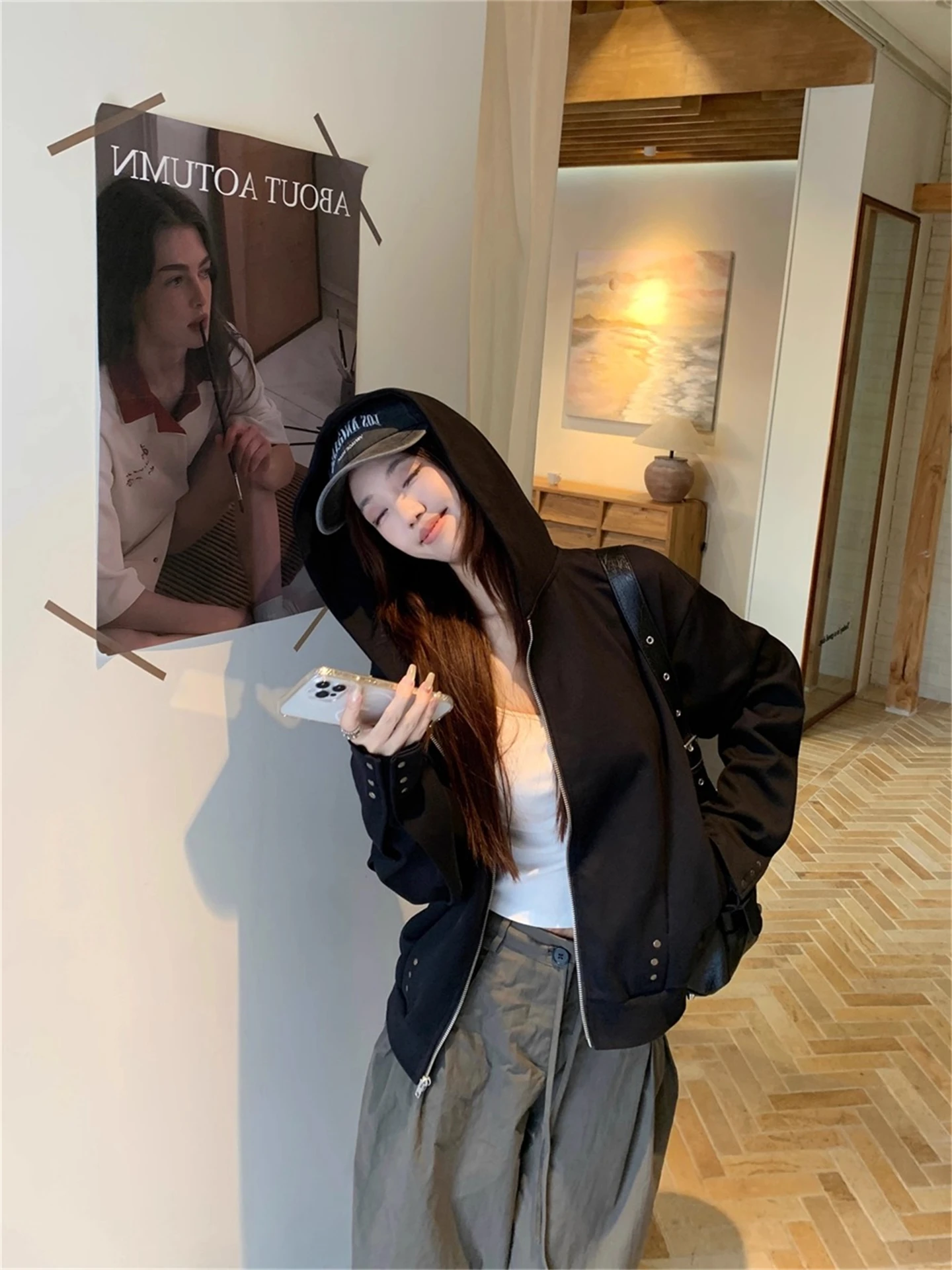 الرجعية الأمريكية حار فتاة تصميم تحسس برشام هوديي Jaet المرأة ربيع الخريف فضفاضة كسول عادية مفتوحة سترة أعلى #4