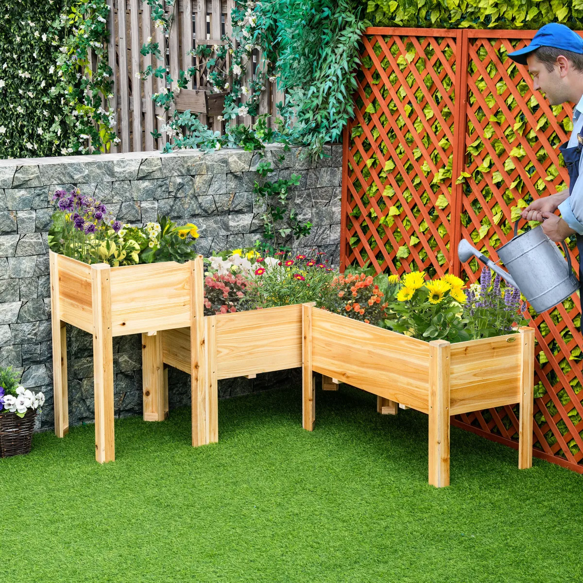 Outsunny Raised Garden Bed Set of 3, Wooden Elevated Planter Box with Legs and Bed Liner, for Backyard and Patio to Grow Vegetables, Herbs, and Flowers, Natural On-Site