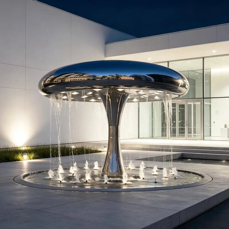 Welded Stainless Steel Mushroom Fountain Sculpture Mirror Polished Water Curtain Feature Custom For Indoor Outdoor Hotel Garden
