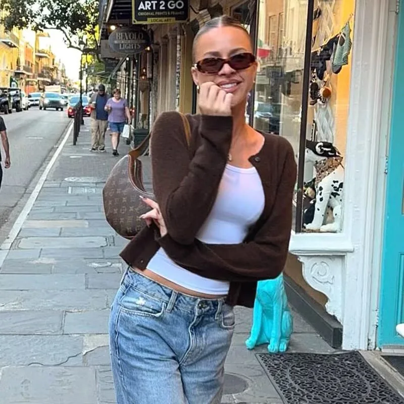 

Повседневный открытый кардиган с круглым вырезом, женский облегающий однотонный вязаный свитер, универсальный осенний новый стиль, простой американский дизайн