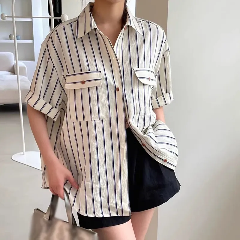 Retro Stripe Shirt Women Turn-down Collar Top Short Sleeve Top Single-breasted Lazy Style Casual All-Match Street Style Summer