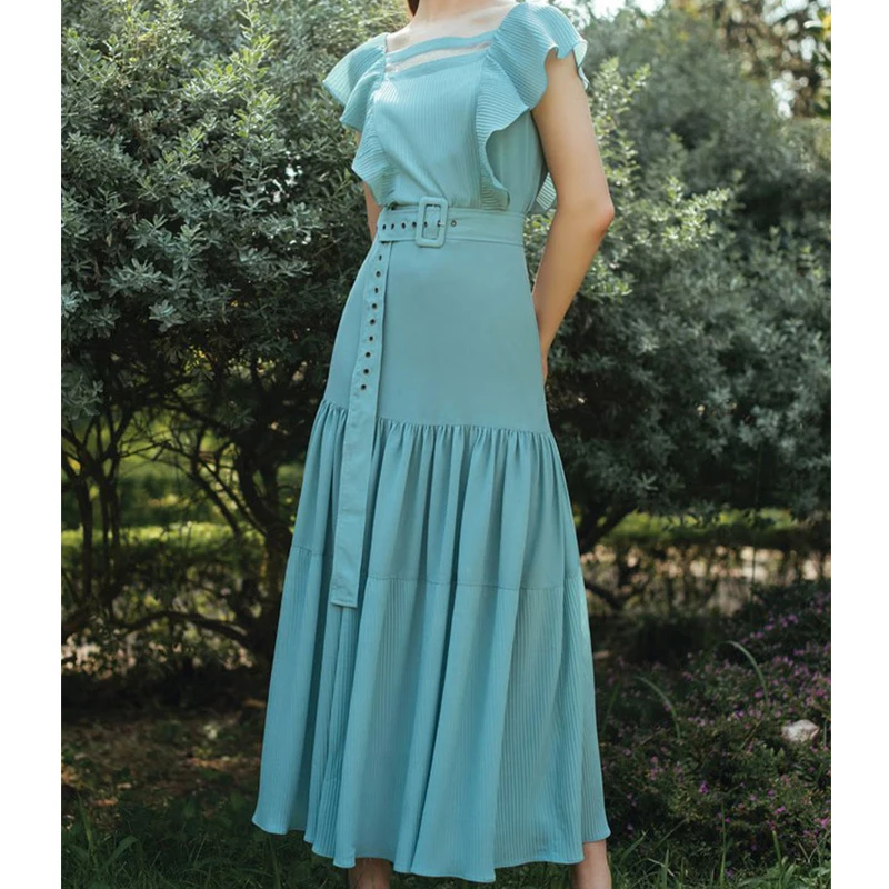 

French Niche Square Neck Dress Summer Long Retro Chiffon Temperament Skirt High-end Pleated Small Flying Sleeve Long Skirt