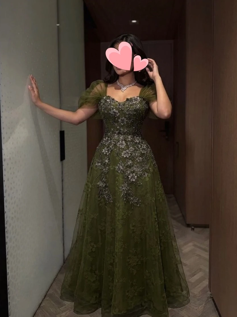 

Oisslec Prom Dress Elegant Vintage Sweet Green Flowers Beads Lace New Customized Formal Occasion Prom Dress Evening Party Gowns