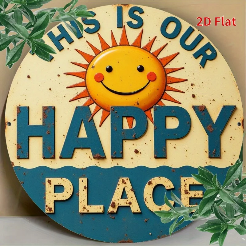 2D Flat, 2D Flat Happy Place, Suitable for Farmhouse Home Bedroom Garden Office 7.8*7.8 Inch Wall Decoration, Suitable for Famil