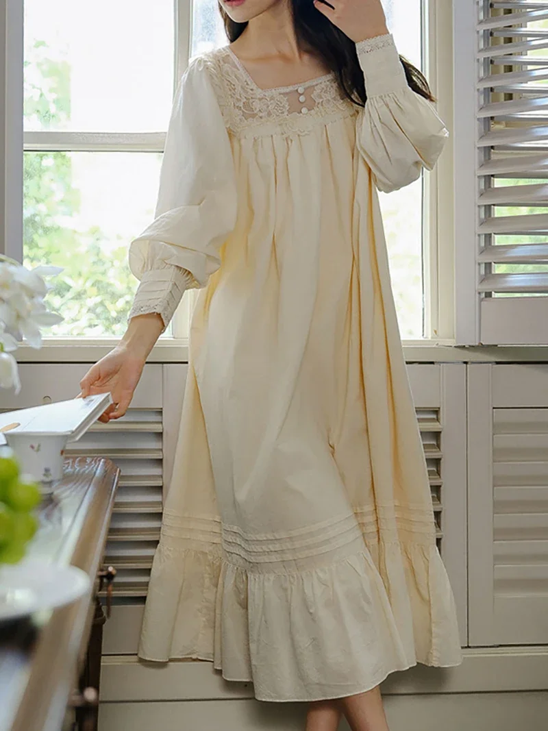 Women French Court Style Vintage Sleepwear Loose Fairy Lace Long Pajamas Spring Autumn Sweet Princess Victorian Homewear