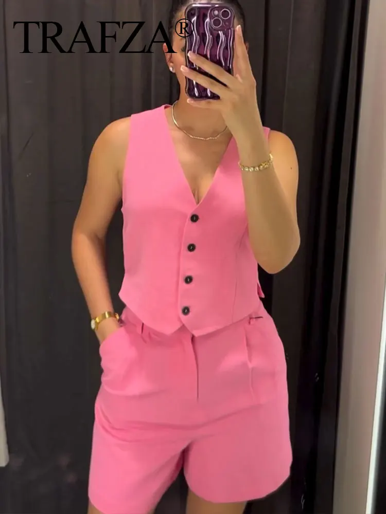 TRAFZA Shorts Sets For Women Button V Neck Crop Vest Top Zipper Fly High Waist Slim Short Pant Suit Pink Streetwear Woman Outfit