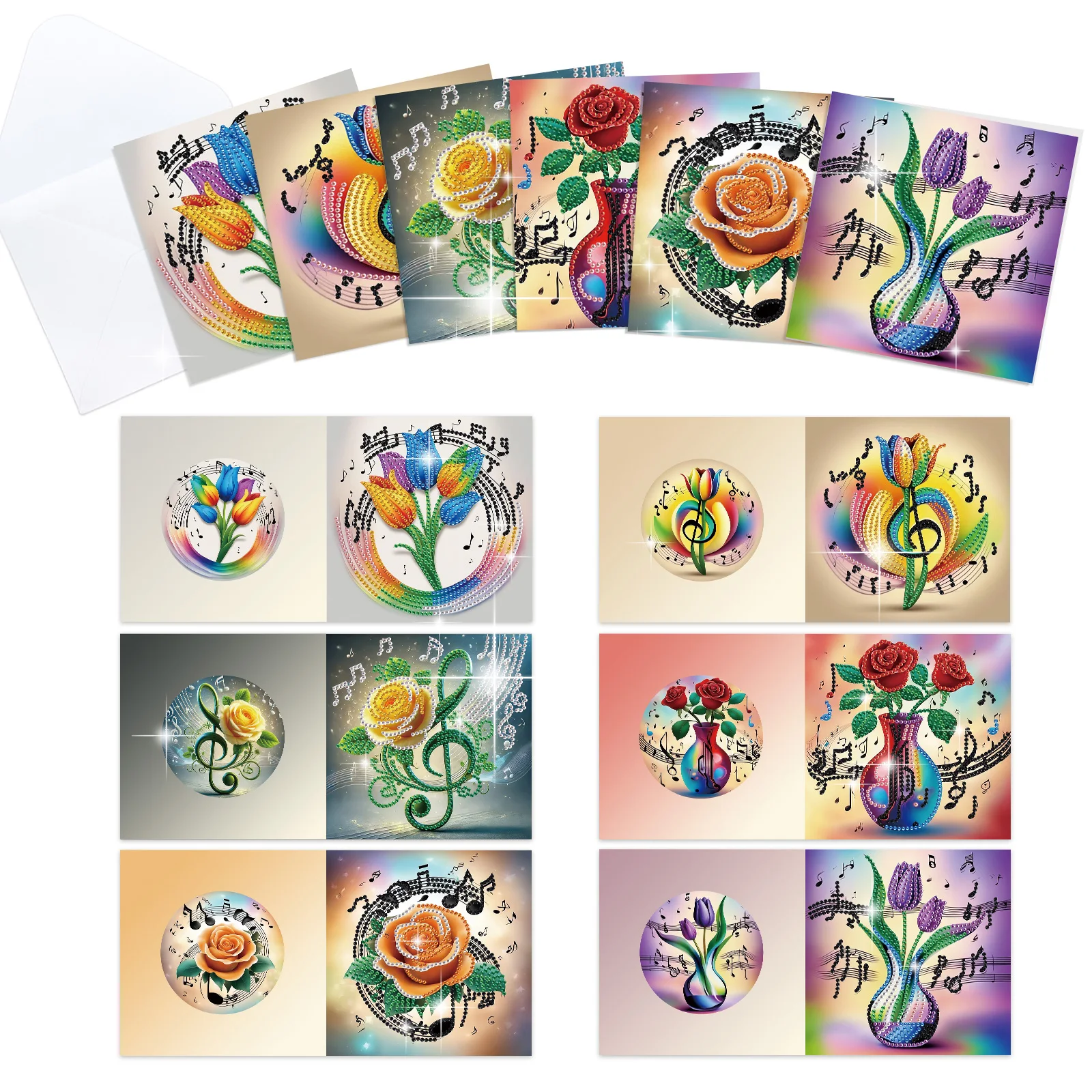 

6Pcs Diamond Art Painting Greeting Card Kits,Musical note flower Greeting Card with Envelopes Diamond Crafts Birthday Cards Gift