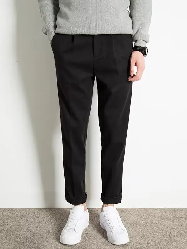 

Мужские прямые повседневные брюки из шерсти, облегающие, однотонные, деловые, весенне-осенние, укороченные (7/8)