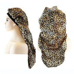 Gorro de satén para mujer, gorro de dormir de noche, bandas elásticas anchas, envoltura larga para el cuidado del cabello, estampado de leopardo