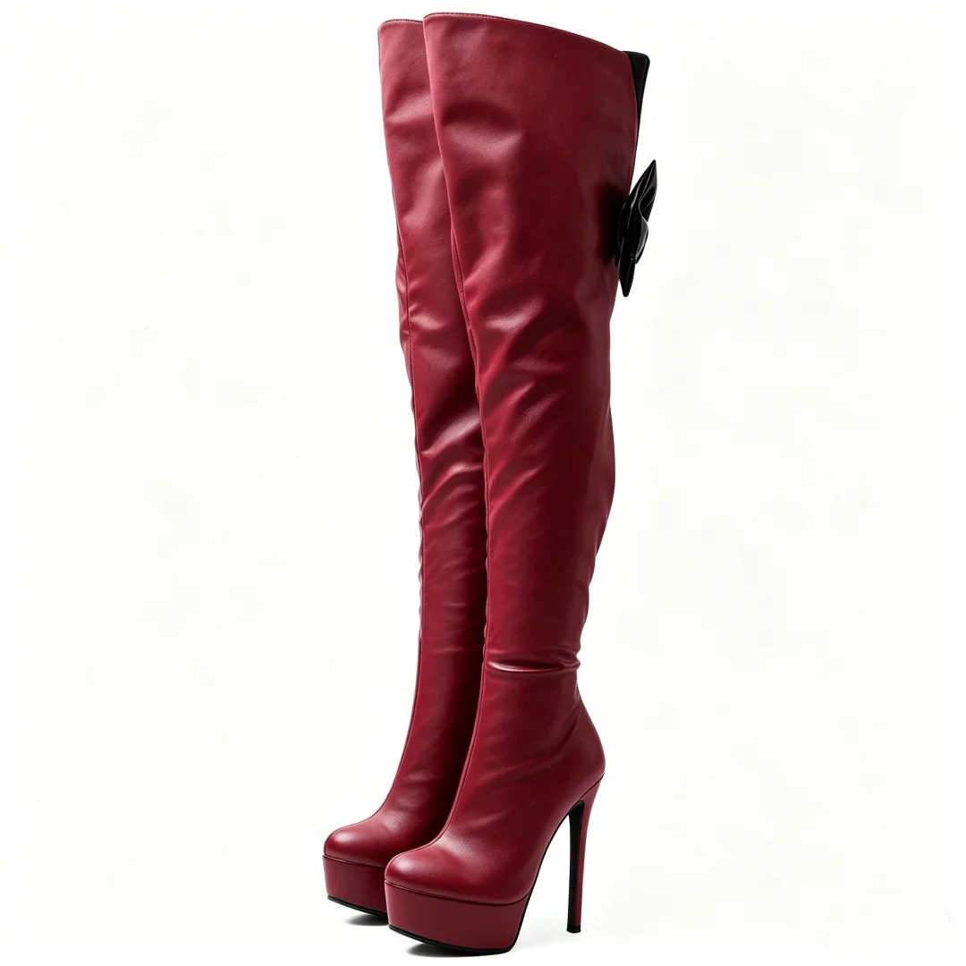 Burgundy Faux Leather Over The Knee Platform Boots Black Bow Decor Pointed Toe Stiletto Heel Women Evening Party Tall Boots