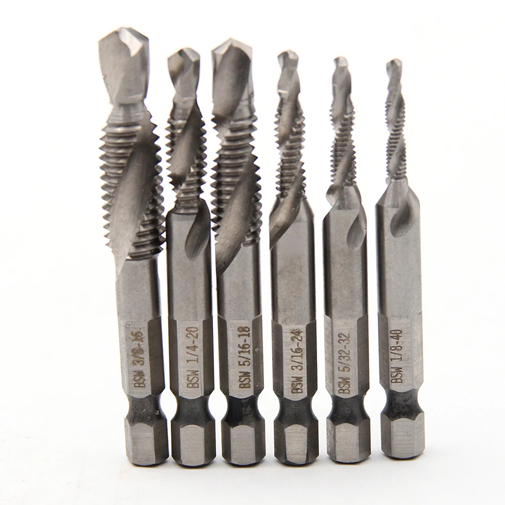 6PC British System Composite Tap High-speed Steel 4341 Machine Tap Opening Chamfer Tap Tool Drilling and Tapping Integrated Set