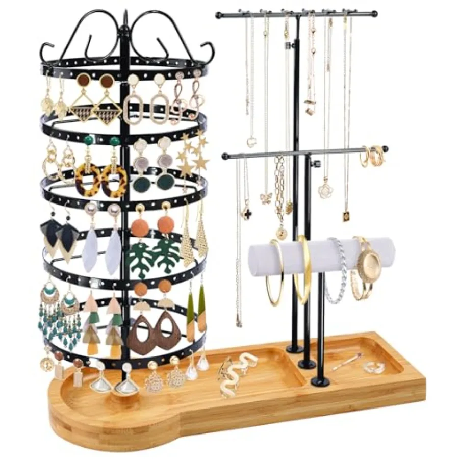 

Подставка-органайзер для ювелирных изделий с бамбуковой основой, металлический вращающийся держатель для сережек, многофункциональный регулируемый держатель для ожерелья Ra