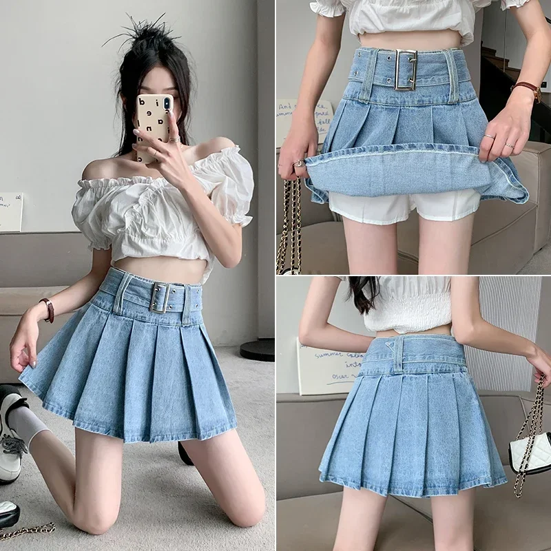 

Spring Summer New High Waist Women Denim Short Skirts with Belted Jeans Skirts Female Pleated Sexy Mini Skirt Y2k Skirt