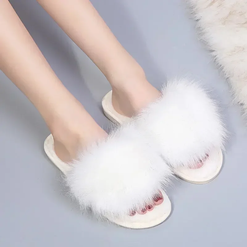 Thick Fluffy Fur Slippers Women 2024 New Winter House Warm Furry Slippers Women Flip Flops Home Slides Flat Indoor Floor Shoes