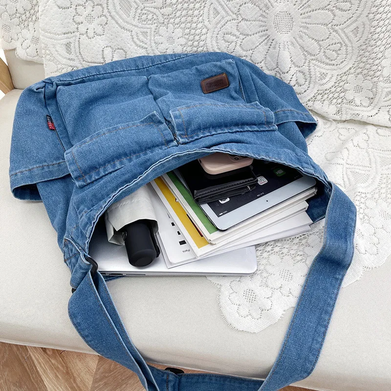 Tas Selempang Satu Bahu Siswa Retro Baru Tas Tote Kanvas Denim Kapasitas Besar Wanita