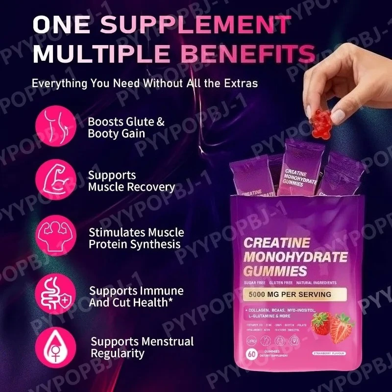 Creatine Monohydrate Gummies 60 Count with Collagen, Biotin, Vitamin D3 & Hyaluronic Acid for Daily Pre & Post Workout Recovery