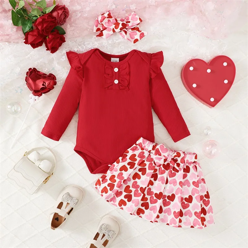 Infant Girls Floral Print Romper with Ruffle Sleeve Bowknot Skirt Matching Headband Set Spring Outfit for Newborns