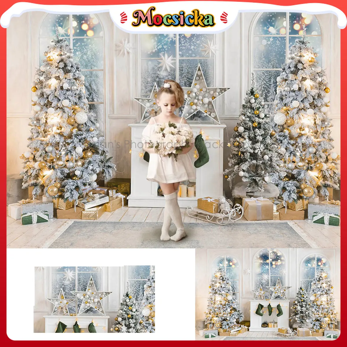 Giáng Sinh Phông Nền Trẻ Sinh Nhật Đạo Cụ Trẻ Em Mùa Đông Phông Nền Chụp Ảnh Santa Lò Sưởi Cây Trang Trí Cho Bé Photostudio